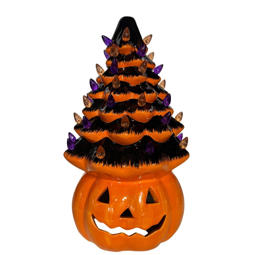 Ceramic Halloween Tree Jack-O-Lantern Base Orange Black Purple Lights *READ